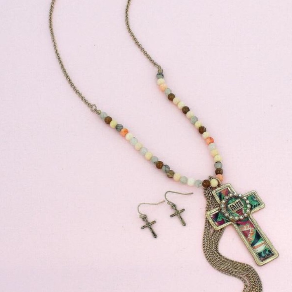 Goldtone Amazonite Tassle Faith Cross Necklace Set